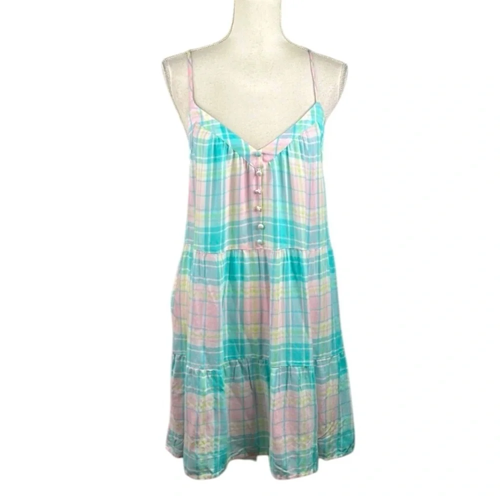 Abound Pastel Plaid Summer V-Neck Spaghetti Strap Babydoll Dress Size Medium New